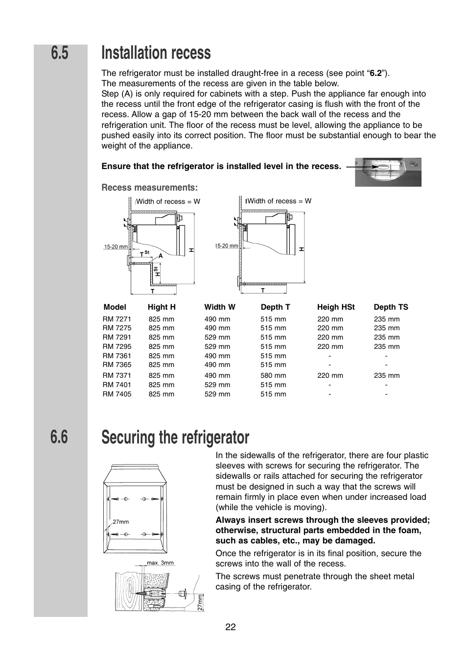 Installation recess, Securing the refrigerator | Dometic RM 7361 L User Manual | Page 22 / 28