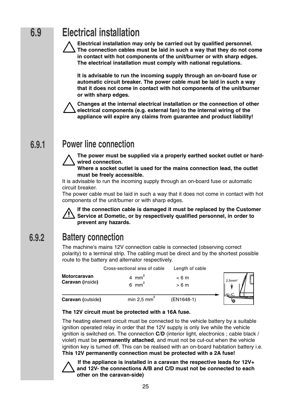 Electrical installation, Power line connection, Battery connection | Dometic RM 7361 L User Manual | Page 25 / 28