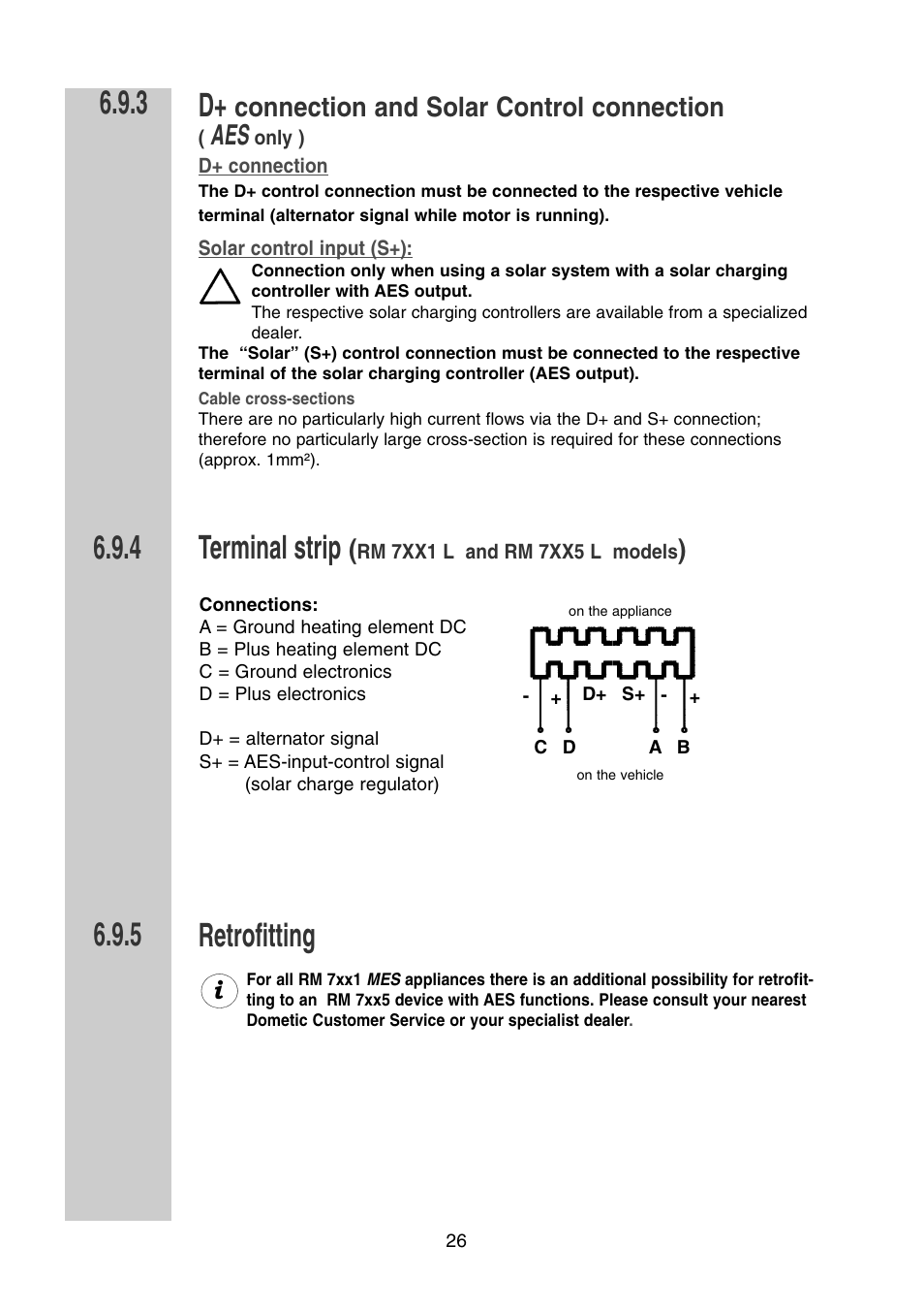Terminal strip, Retrofitting, Connection and solar control connection | Dometic RM 7361 L User Manual | Page 26 / 28