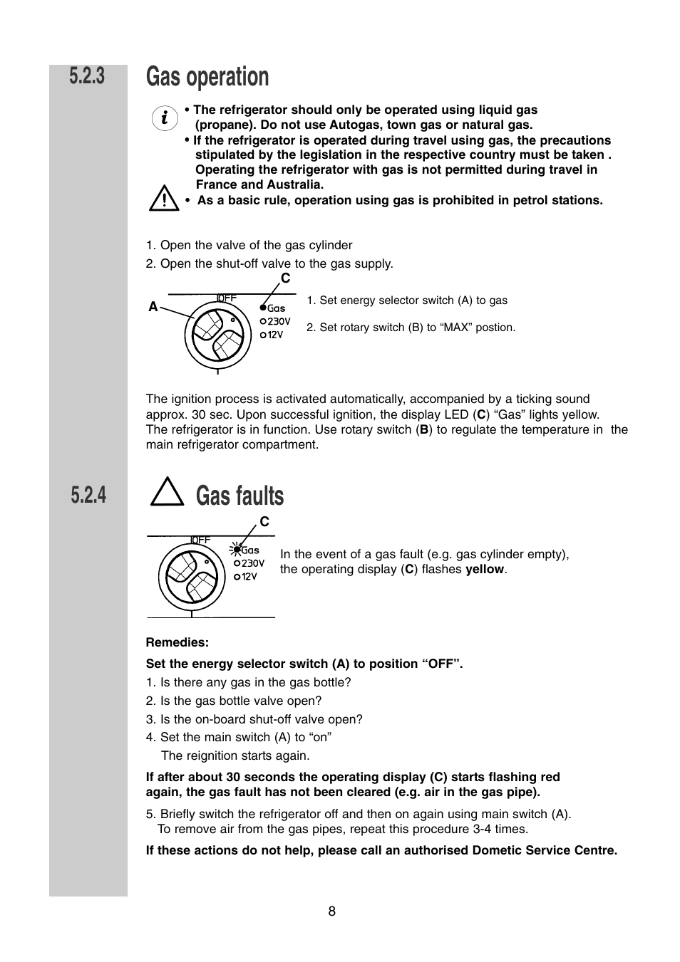 Gas operation, Gas faults | Dometic RM 7361 L User Manual | Page 8 / 28