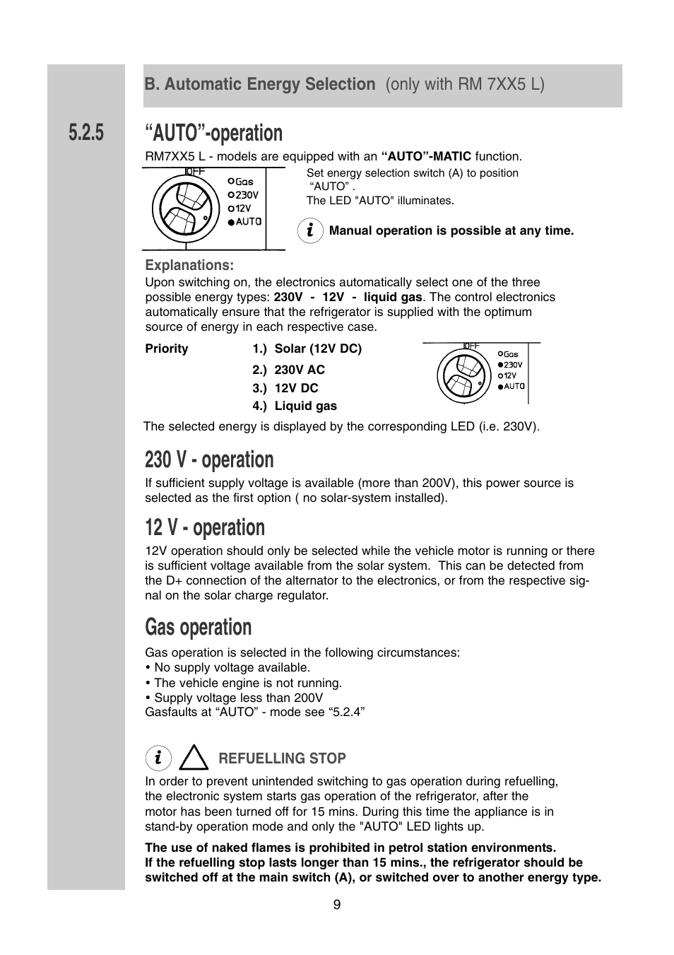 Auto”-operation, 230 v - operation, 12 v - operation | Gas operation | Dometic RM 7361 L User Manual | Page 9 / 28