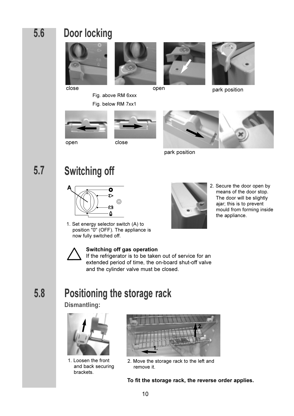 Door locking, Switching off positioning the storage rack | Dometic RM 6270(L) User Manual | Page 10 / 28
