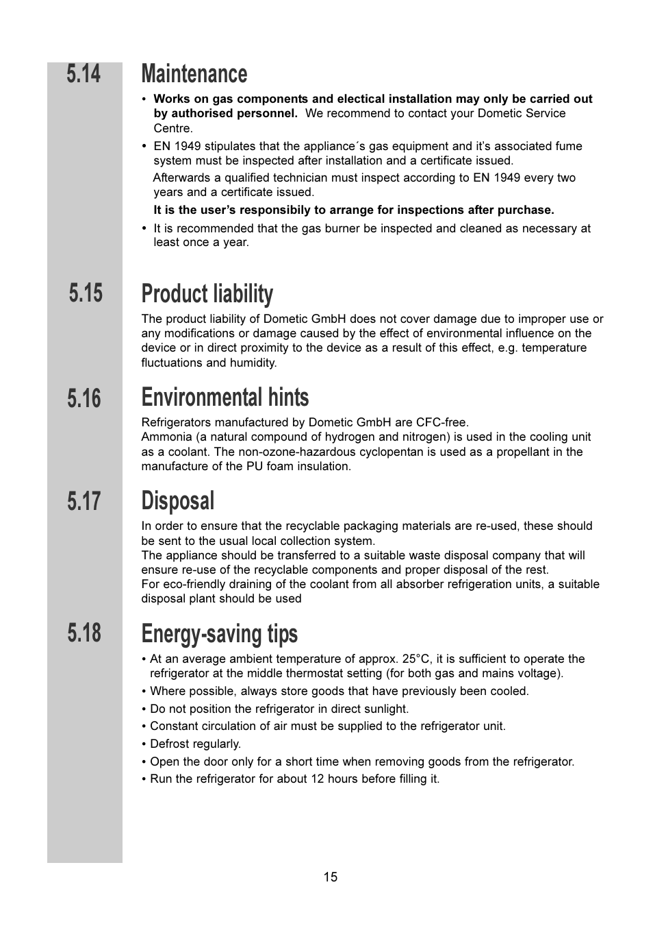 Maintenance, Product liability, Environmental hints | Disposal, Energy-saving tips | Dometic RM 6270(L) User Manual | Page 15 / 28