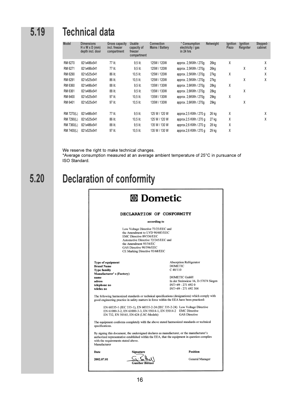 Technical data | Dometic RM 6270(L) User Manual | Page 16 / 28