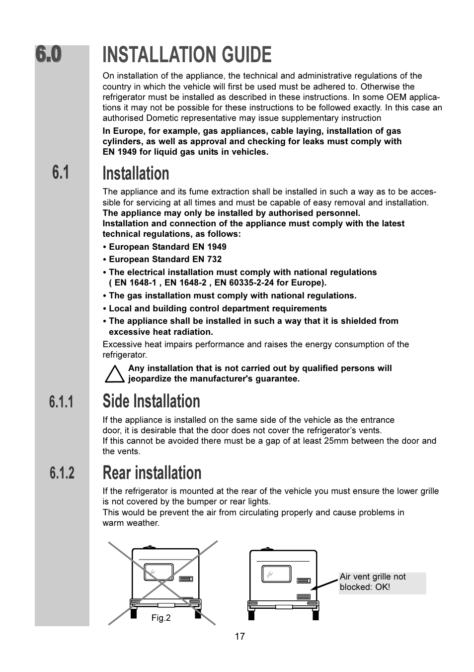 Installation guide, Installation, Side installation | Rear installation | Dometic RM 6270(L) User Manual | Page 17 / 28