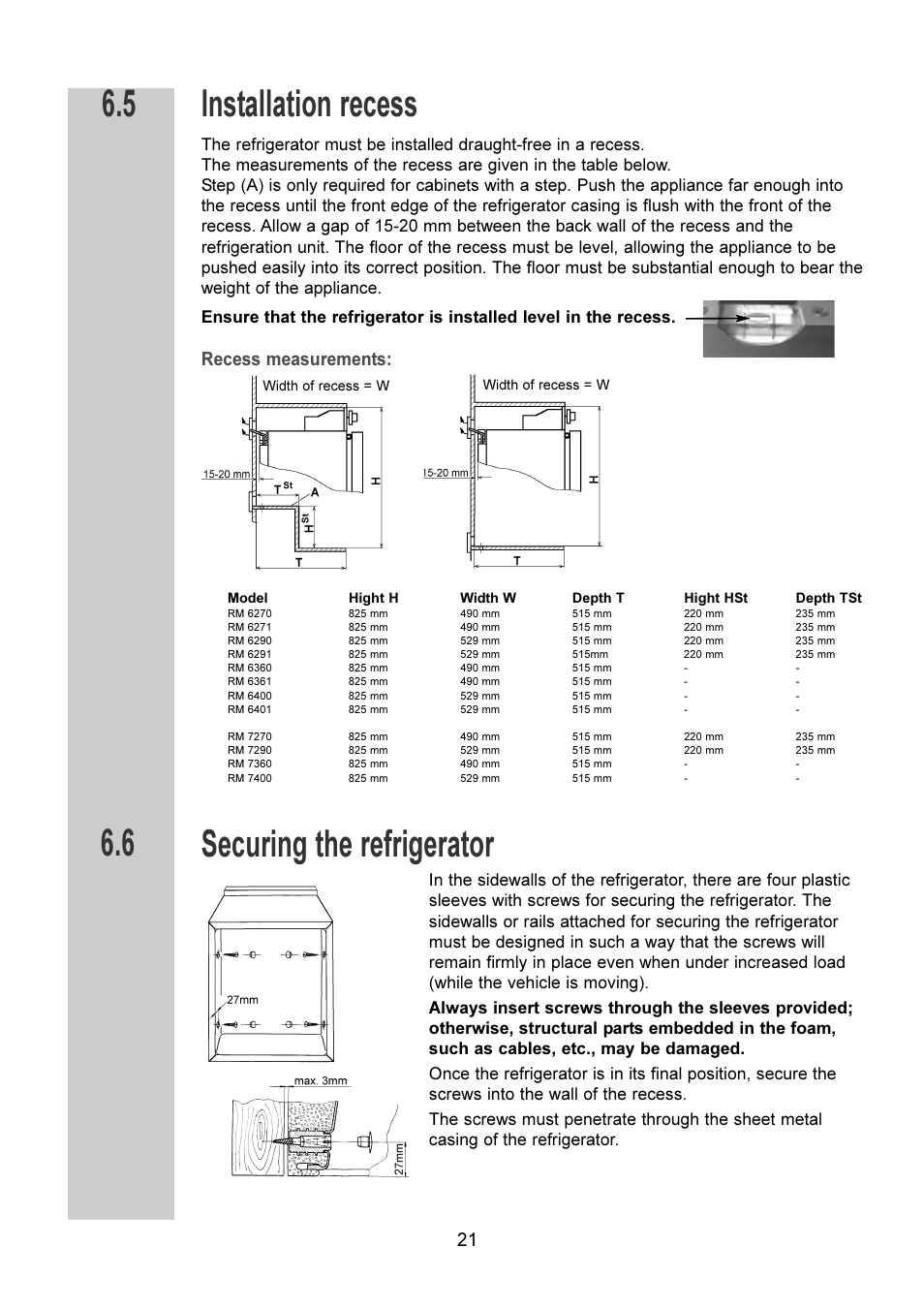 Installation recess, Securing the refrigerator, Recess measurements | Dometic RM 6270(L) User Manual | Page 21 / 28