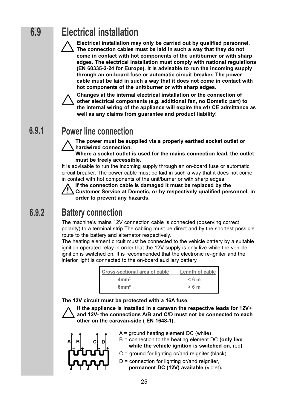 Electrical installation, Power line connection, Battery connection | Dometic RM 6270(L) User Manual | Page 25 / 28