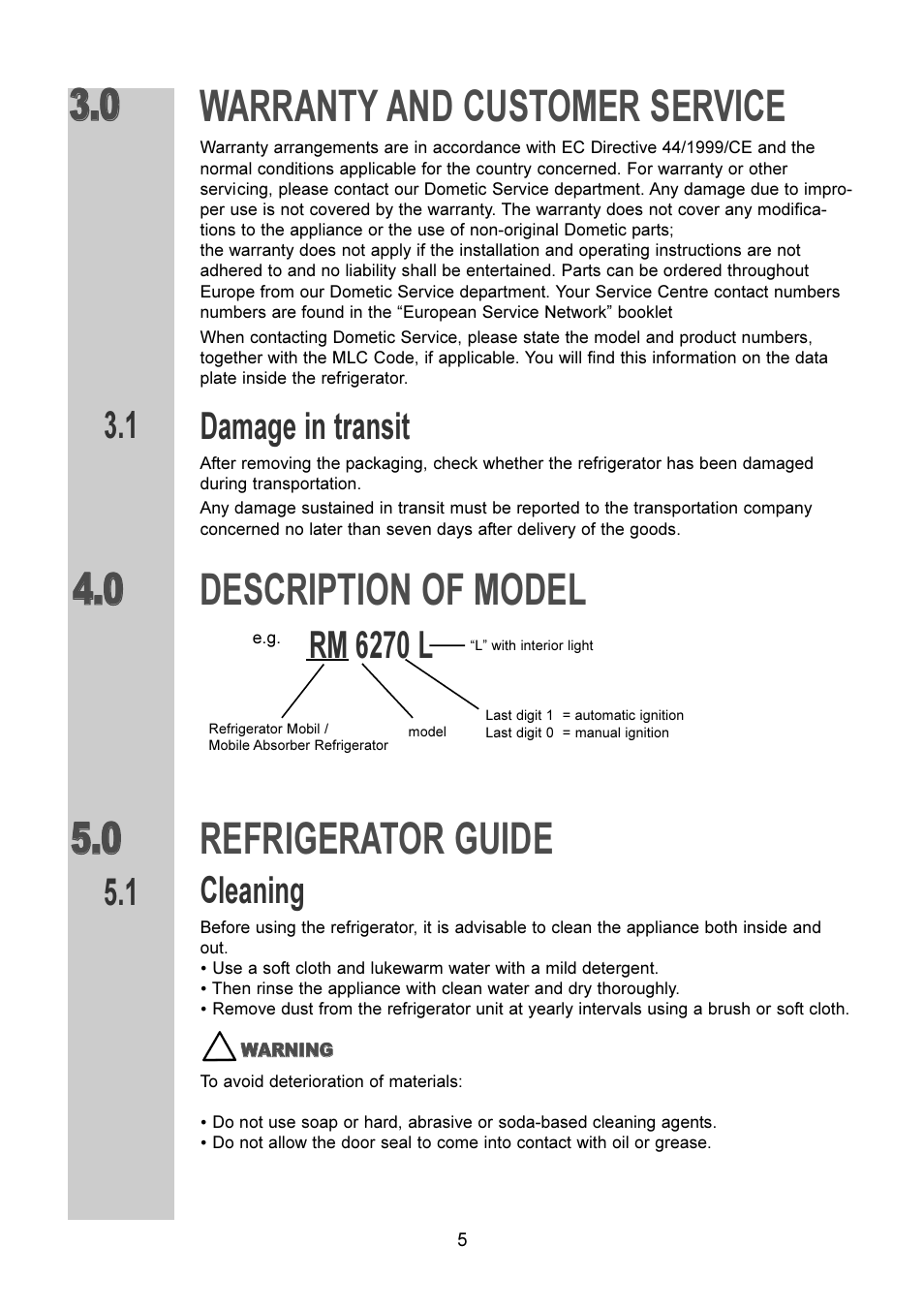 Warranty and customer service, Description of model refrigerator guide, Damage in transit | Cleaning | Dometic RM 6270(L) User Manual | Page 5 / 28