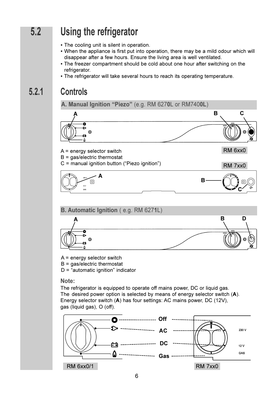 Using the refrigerator, Controls | Dometic RM 6270(L) User Manual | Page 6 / 28