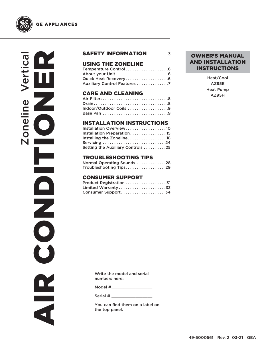 GE Zoneline UltimateV10™ 8,900 BTU Vertical Terminal Air Conditioner Owners Guide User Manual | 104 pages