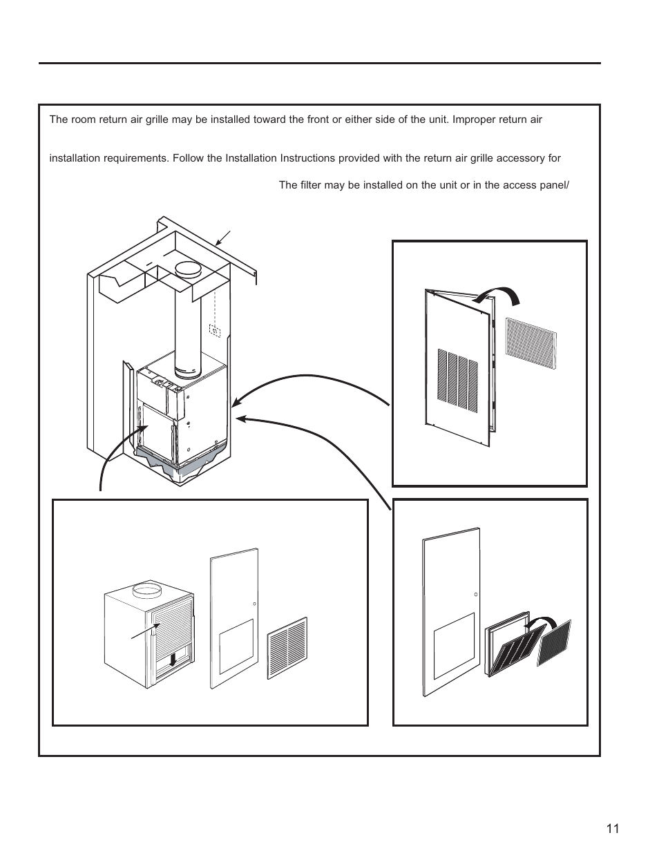 Installation overview, Inst alla tion instructions, Return air grille installation options | GE Zoneline UltimateV10™ 8,900 BTU Vertical Terminal Air Conditioner Owners Guide User Manual | Page 11 / 104