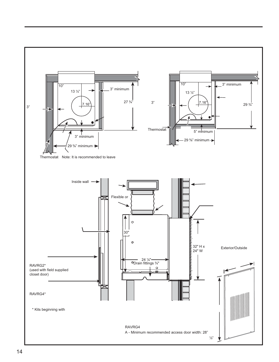 Installation overview inst alla tion instructions, Typical utility closet and dimensions, For reference only) front install | Side install | GE Zoneline UltimateV10™ 8,900 BTU Vertical Terminal Air Conditioner Owners Guide User Manual | Page 14 / 104