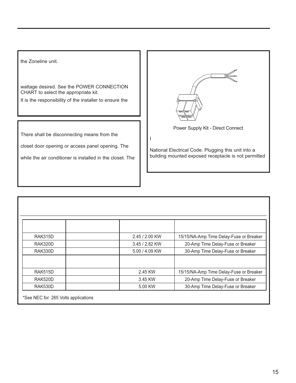 Power connection chart | GE Zoneline UltimateV10™ 8,900 BTU Vertical Terminal Air Conditioner Owners Guide User Manual | Page 15 / 104