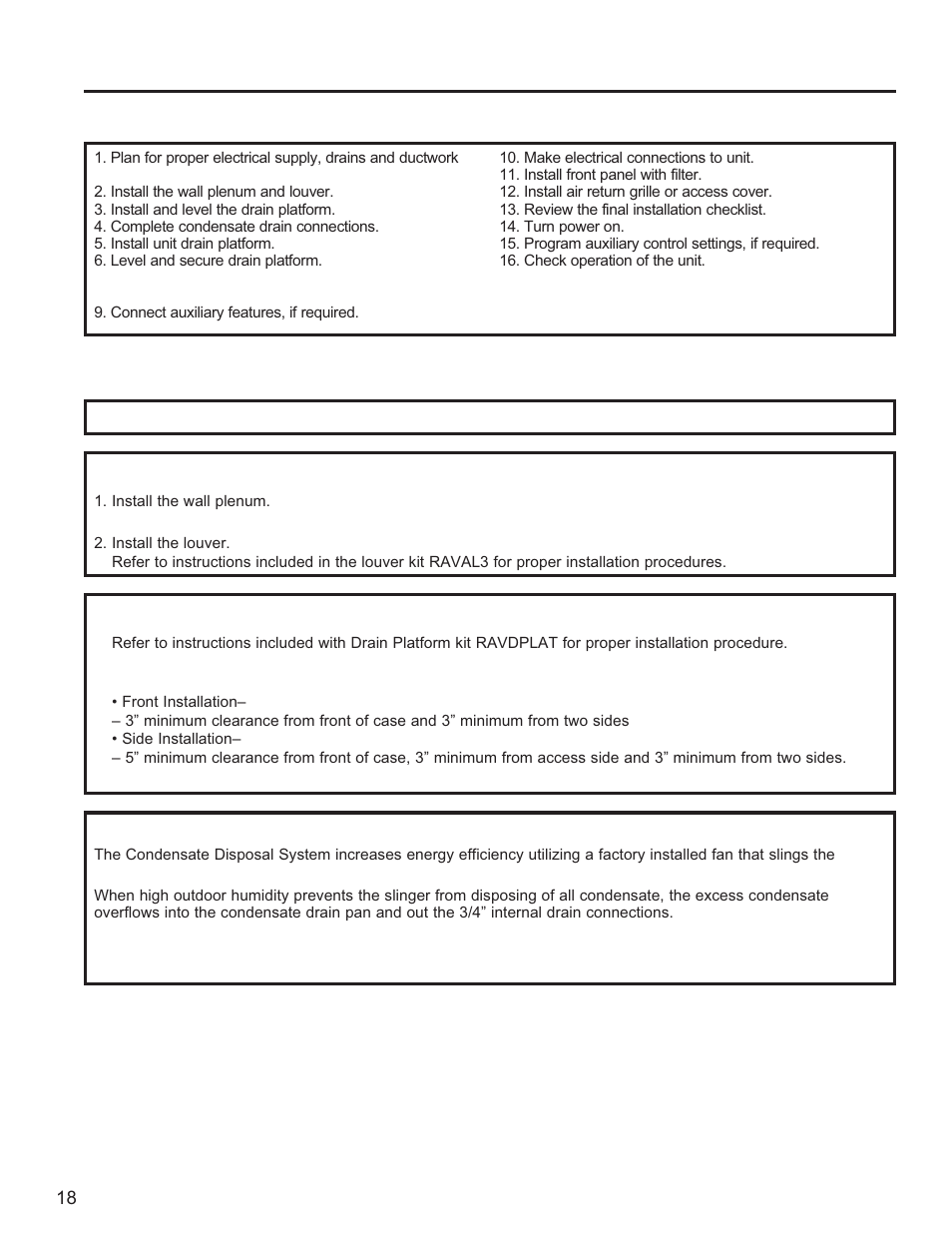 Installing the zoneline, Inst alla tion instructions, Installation summary | Installation instructions, Install the zoneline drain platform, Condensate disposal system | GE Zoneline UltimateV10™ 8,900 BTU Vertical Terminal Air Conditioner Owners Guide User Manual | Page 18 / 104