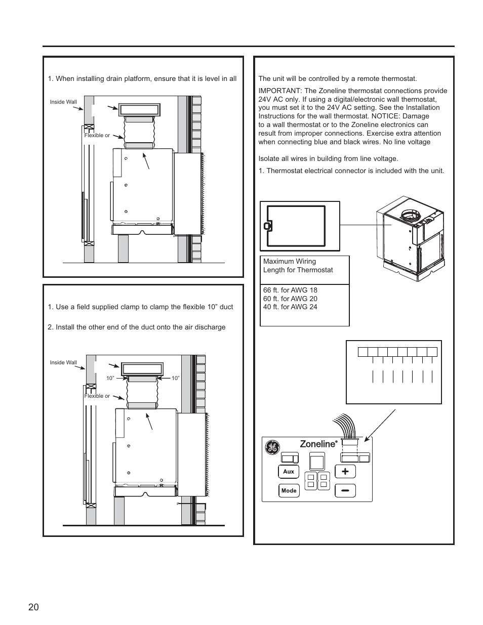 Installing the zoneline, Inst alla tion instructions, Level and secure drain platform | Connect the top ductwork, Connect the remote thermostat | GE Zoneline UltimateV10™ 8,900 BTU Vertical Terminal Air Conditioner Owners Guide User Manual | Page 20 / 104