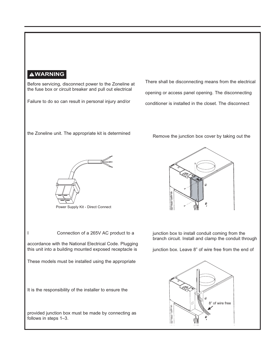 Make electrical connections to unit, For 265 volt direct connect applications only, External disconnect | Remove junction box cover, Attach conduit | GE Zoneline UltimateV10™ 8,900 BTU Vertical Terminal Air Conditioner Owners Guide User Manual | Page 22 / 104