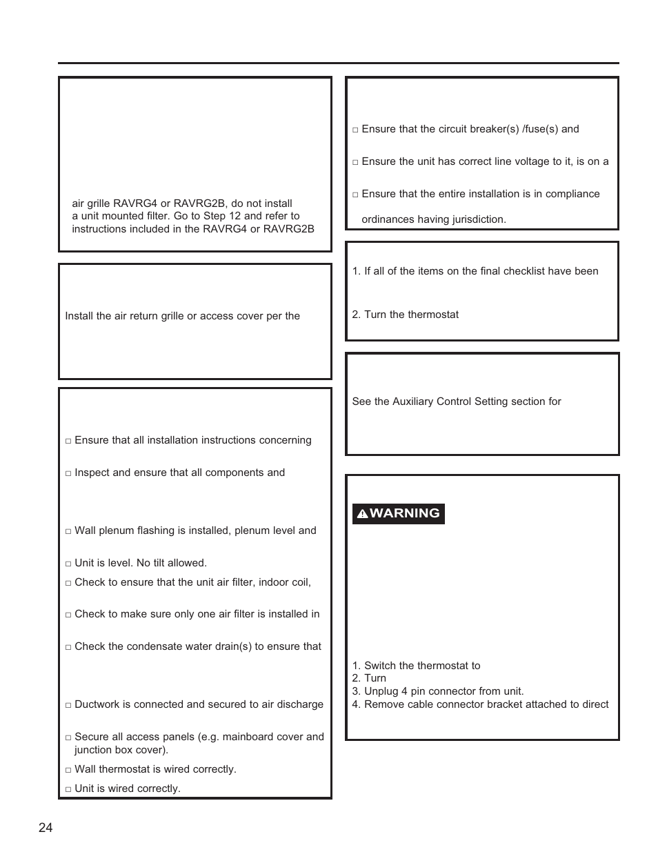 Servicing, Install air return grille or access cover, Final installation checklist | Connect power, Auxiliary control setting, if required, Install unit-mounted filter, Final installation checklist (cont) | GE Zoneline UltimateV10™ 8,900 BTU Vertical Terminal Air Conditioner Owners Guide User Manual | Page 24 / 104