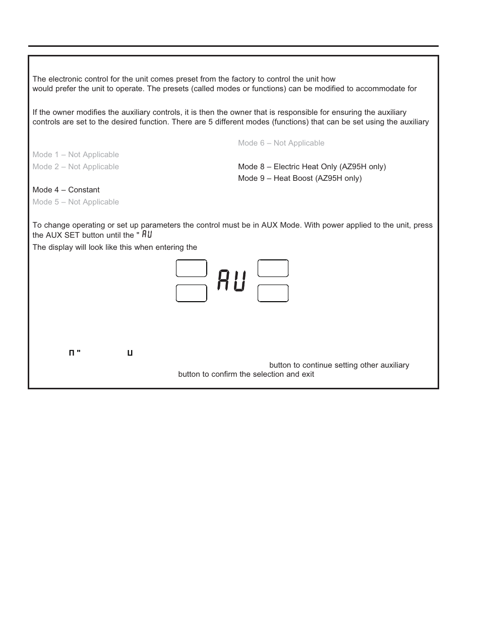 Setting the auxiliary control auxiliar y controls, Auxiliary controls – aux set button | GE Zoneline UltimateV10™ 8,900 BTU Vertical Terminal Air Conditioner Owners Guide User Manual | Page 25 / 104