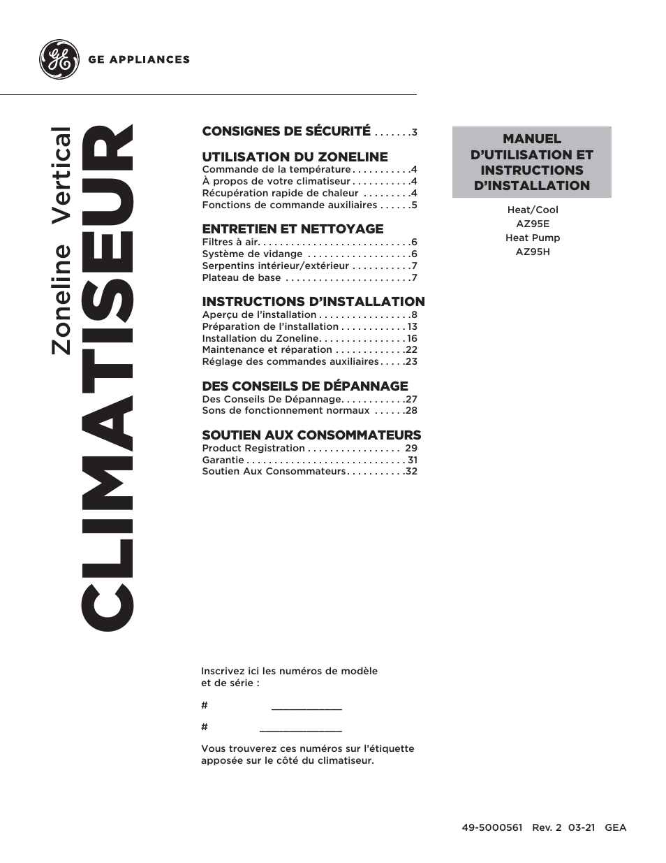 Climatiseur, Zoneline, Vertical | GE Zoneline UltimateV10™ 8,900 BTU Vertical Terminal Air Conditioner Owners Guide User Manual | Page 41 / 104