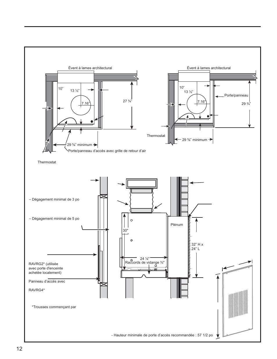Enceinte et dimensions typiques, Pour référence seulement) installation frontale, Installation latérale | GE Zoneline UltimateV10™ 8,900 BTU Vertical Terminal Air Conditioner Owners Guide User Manual | Page 52 / 104
