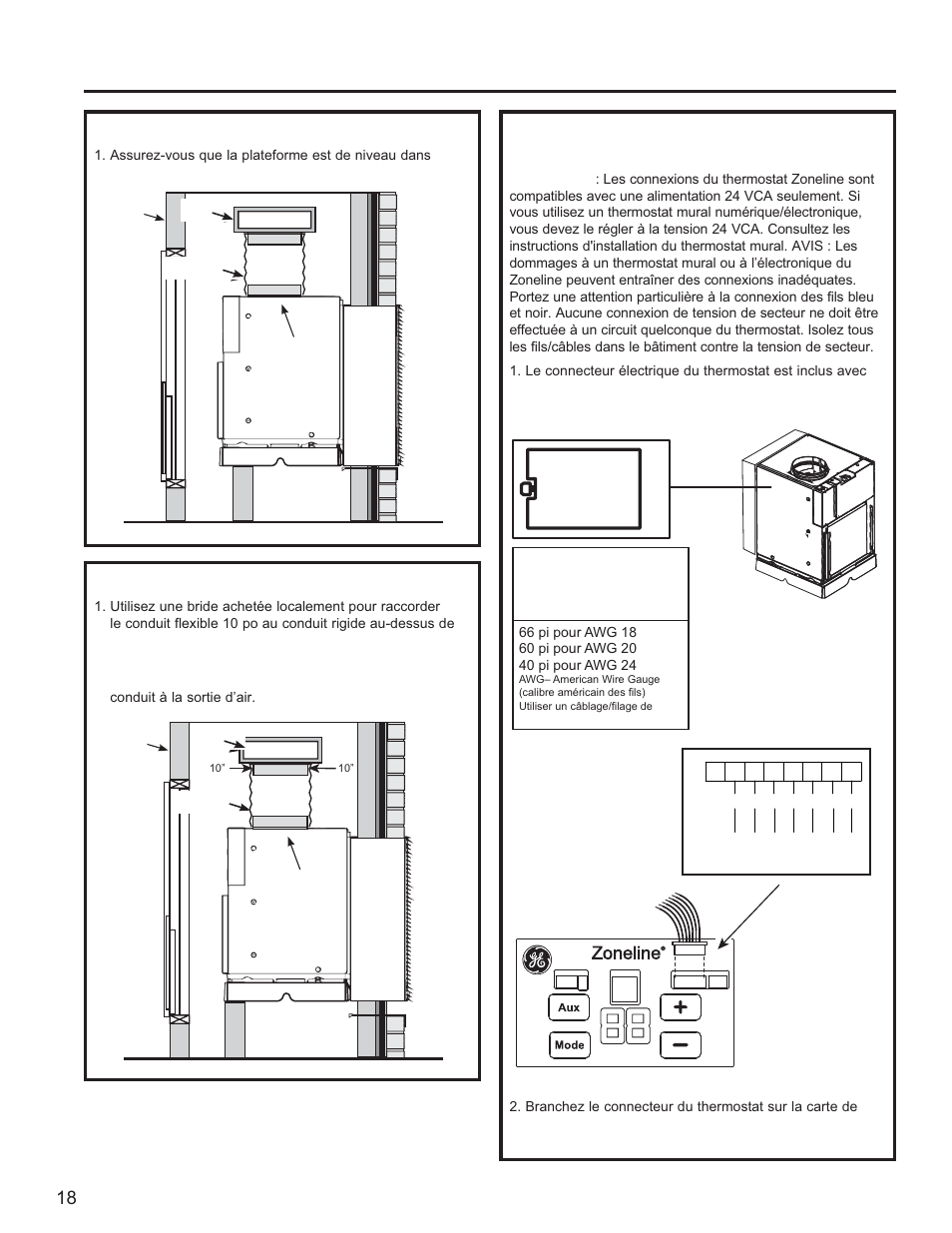 Mettez la plateforme de niveau et fixez-la, Connectez les conduits supérieurs, Connectez le thermostat distant | GE Zoneline UltimateV10™ 8,900 BTU Vertical Terminal Air Conditioner Owners Guide User Manual | Page 58 / 104