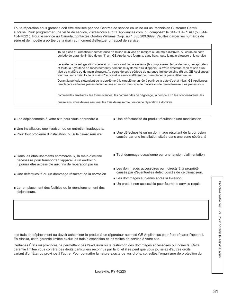 Garantie limitée | GE Zoneline UltimateV10™ 8,900 BTU Vertical Terminal Air Conditioner Owners Guide User Manual | Page 71 / 104