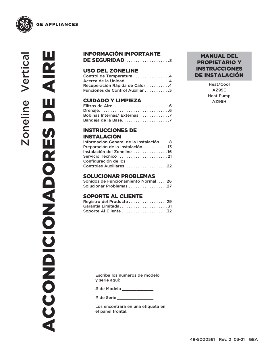 Accondicionadores de aire, Zoneline, Vertical | GE Zoneline UltimateV10™ 8,900 BTU Vertical Terminal Air Conditioner Owners Guide User Manual | Page 73 / 104