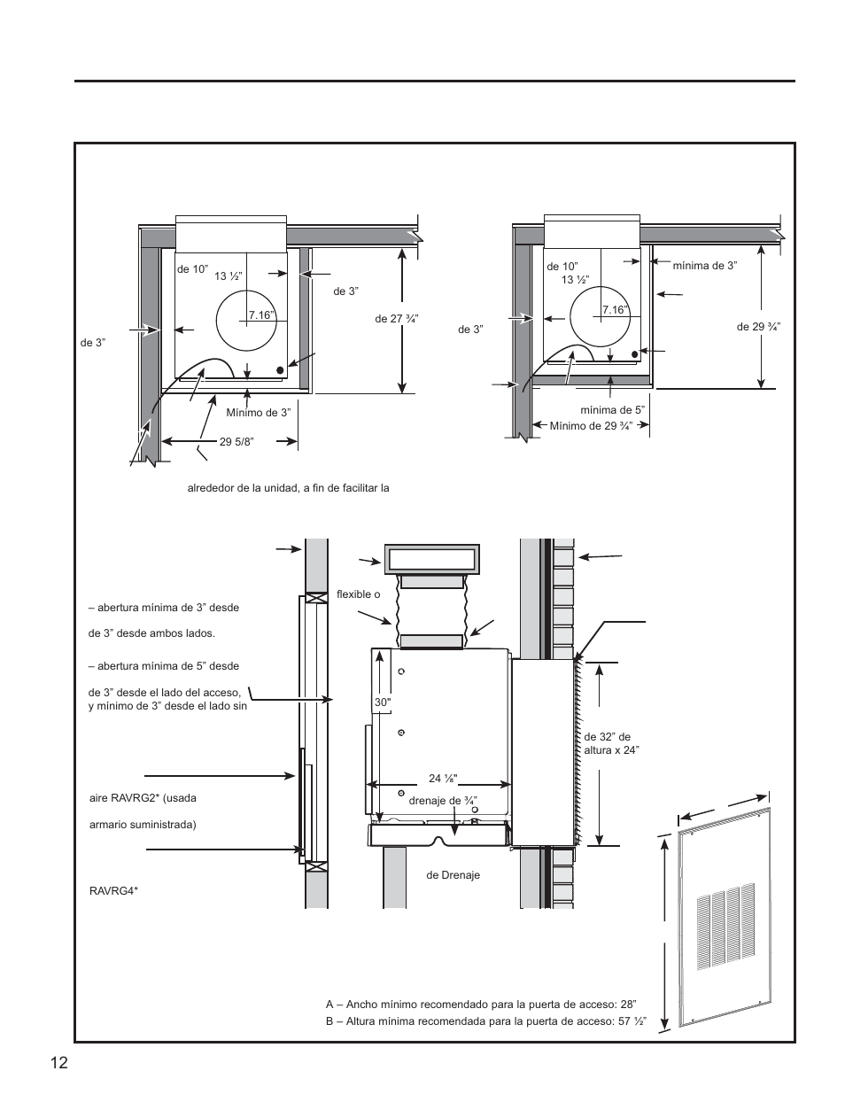 Armario utilitario típico y dimensiones, Sólo como referencia), Instalación frontal | Instalación lateral | GE Zoneline UltimateV10™ 8,900 BTU Vertical Terminal Air Conditioner Owners Guide User Manual | Page 84 / 104