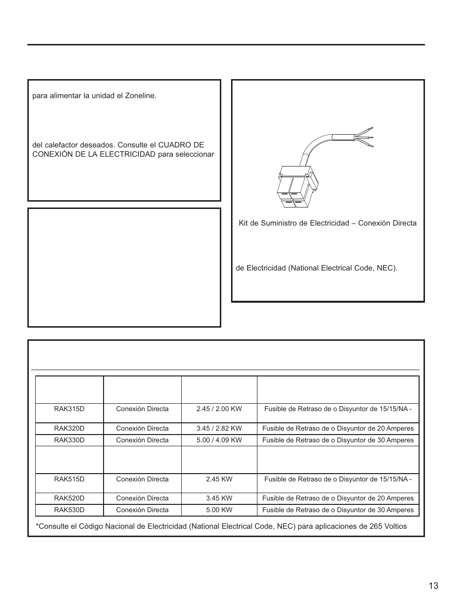 Cuadro de conexión de corriente | GE Zoneline UltimateV10™ 8,900 BTU Vertical Terminal Air Conditioner Owners Guide User Manual | Page 85 / 104