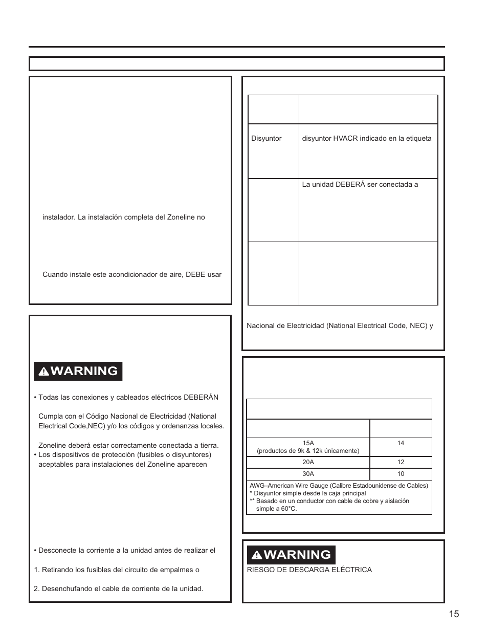 Antes de iniciar, Importante, Warning | Requisitos eléctricos | GE Zoneline UltimateV10™ 8,900 BTU Vertical Terminal Air Conditioner Owners Guide User Manual | Page 87 / 104