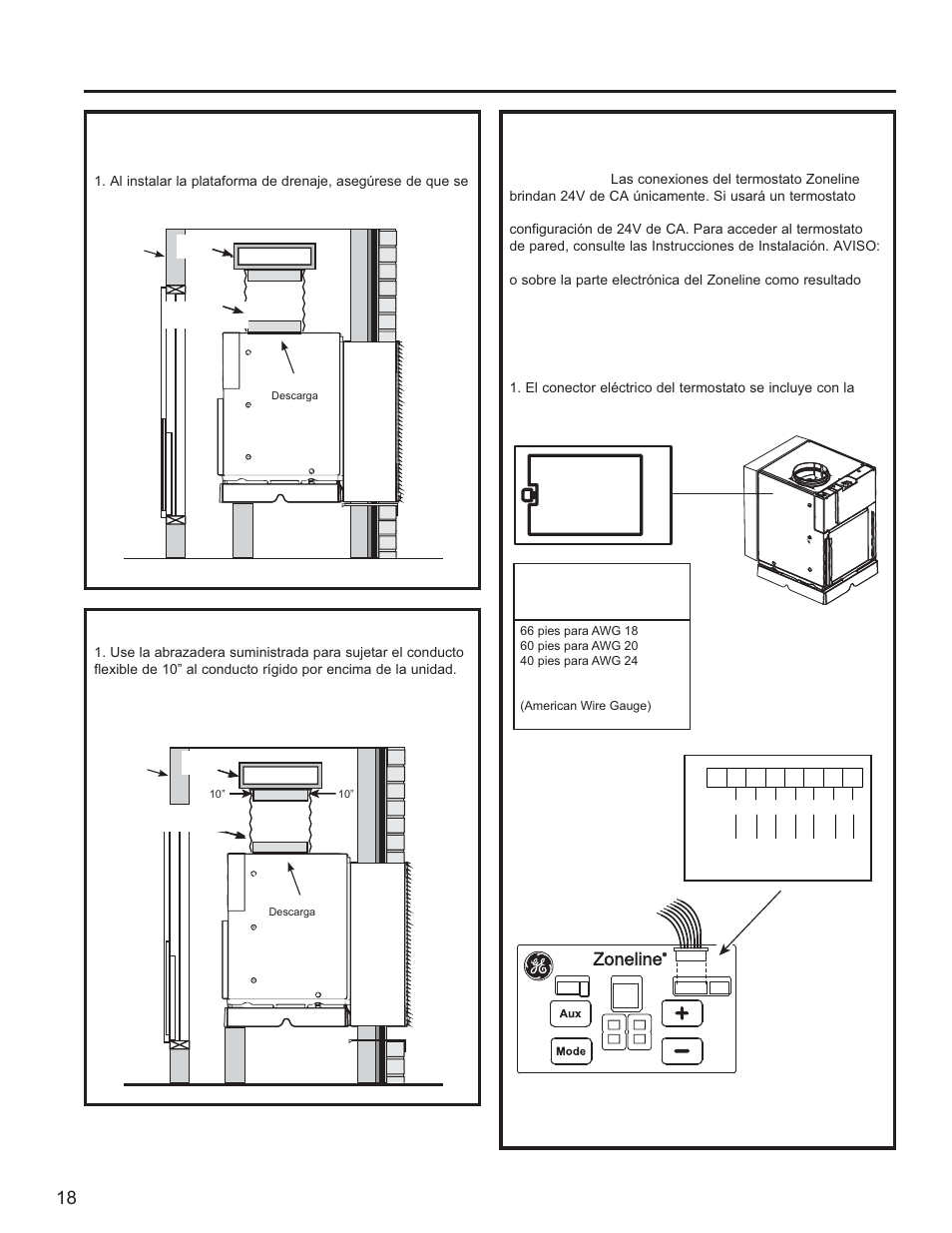 Instalación del zoneline, Instrucciones de inst alación, Nivele y asegure la plataforma de drenaje | Conecte el conducto superior, Conecte el termostato remoto | GE Zoneline UltimateV10™ 8,900 BTU Vertical Terminal Air Conditioner Owners Guide User Manual | Page 90 / 104