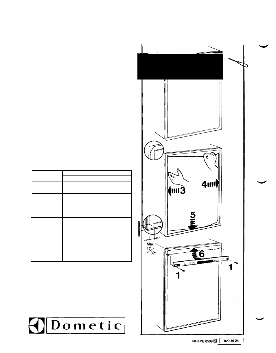 Instructions for mounting the door panel, Panel dimensions thickness max. 4 mm 5/32 inches | Dometic RM2500 User Manual | Page 12 / 12