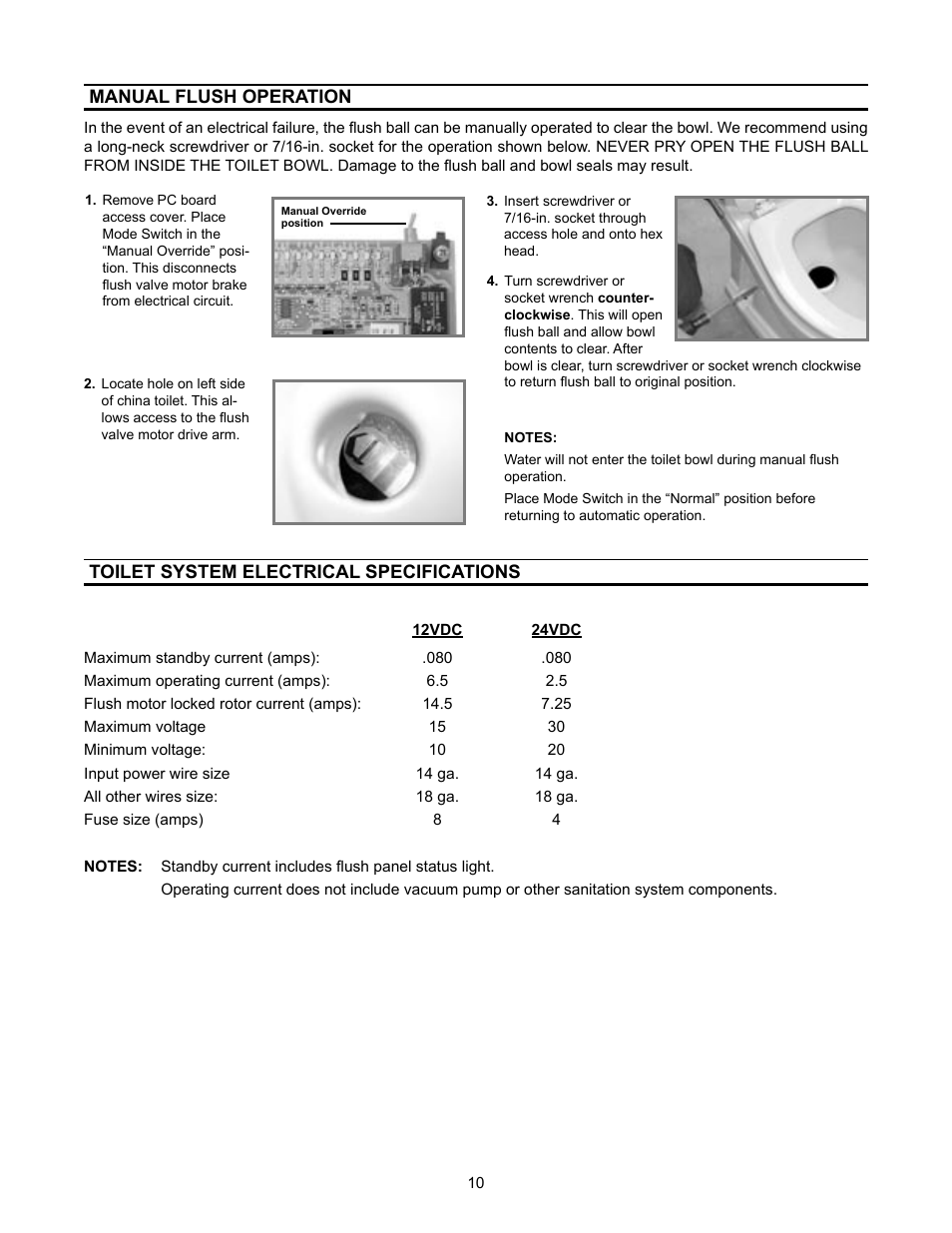 Manual flush operation, Toilet system electrical specifications | Dometic 3000 User Manual | Page 10 / 24