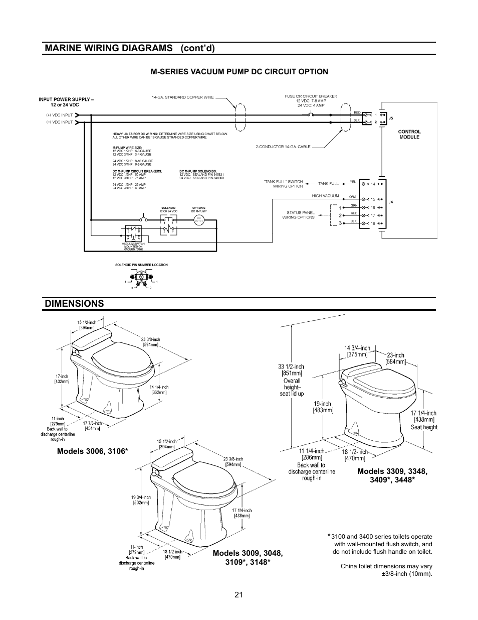 Dimensions, Marine wiring diagrams (cont’d) | Dometic 3000 User Manual | Page 21 / 24