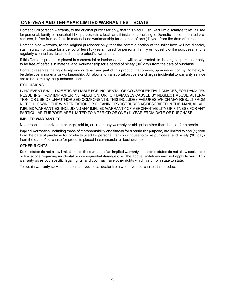 One-year and ten-year limited warranties - boats | Dometic 3000 User Manual | Page 23 / 24