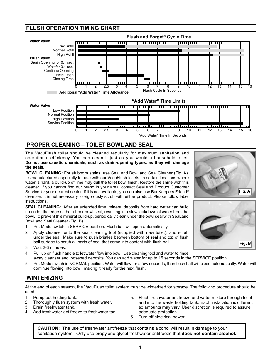 Flush operation timing chart, Proper cleaning - toilet bowl and seal, Winterizing | Flush operation timing chart winterizing, Proper cleaning – toilet bowl and seal | Dometic 3000 User Manual | Page 4 / 24