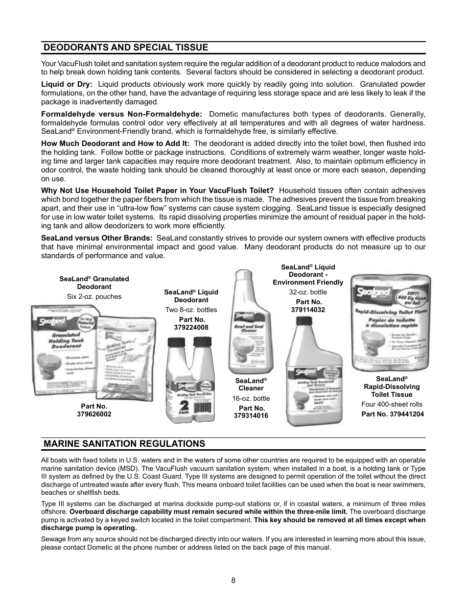 Deodorants and special tissue, Marine sanitation regulations | Dometic 3000 User Manual | Page 8 / 24