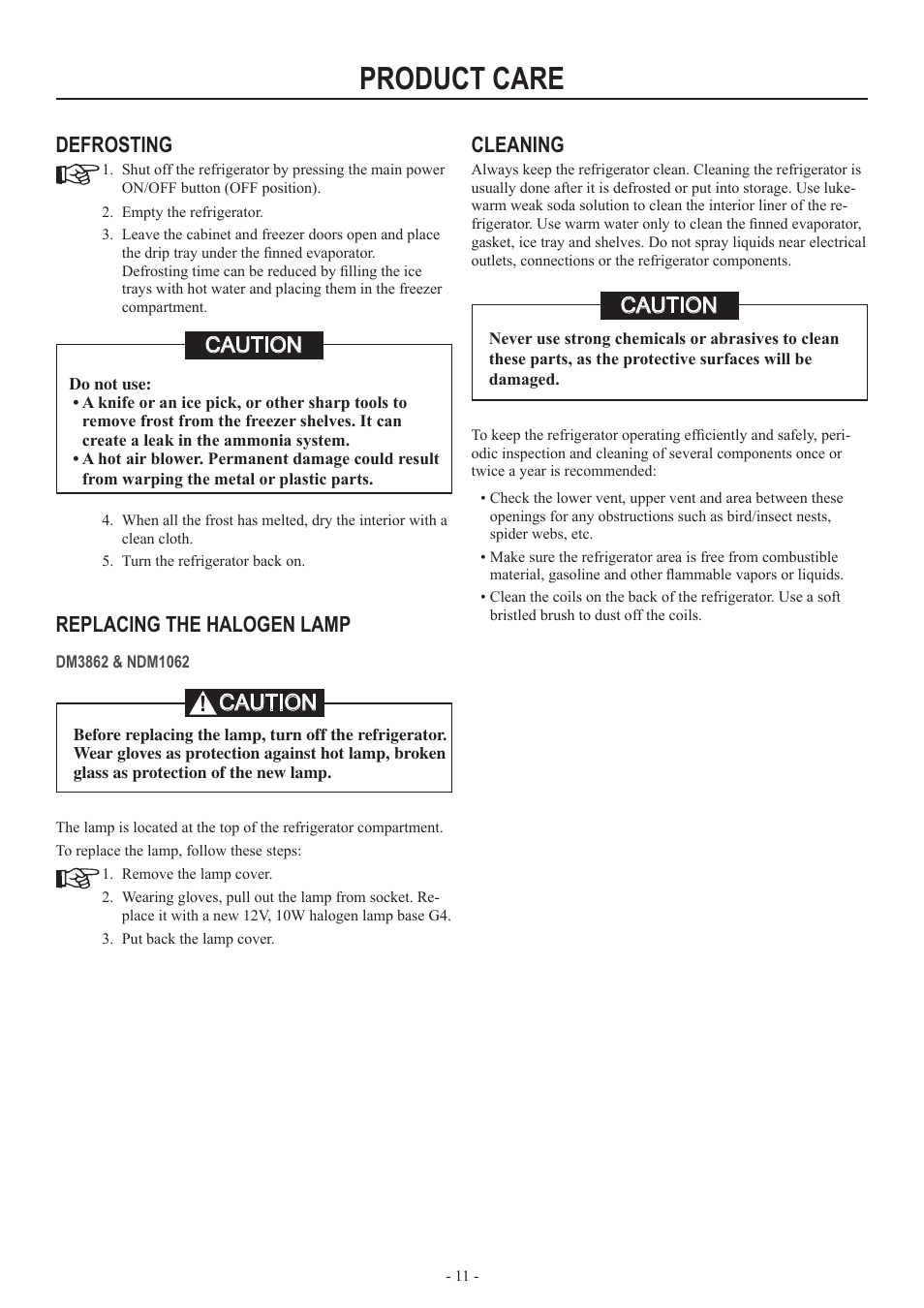 Product care, Cleaning, Defrosting | Replacing the halogen lamp, Caution ! caution caution | Dometic RM2551 User Manual | Page 11 / 24