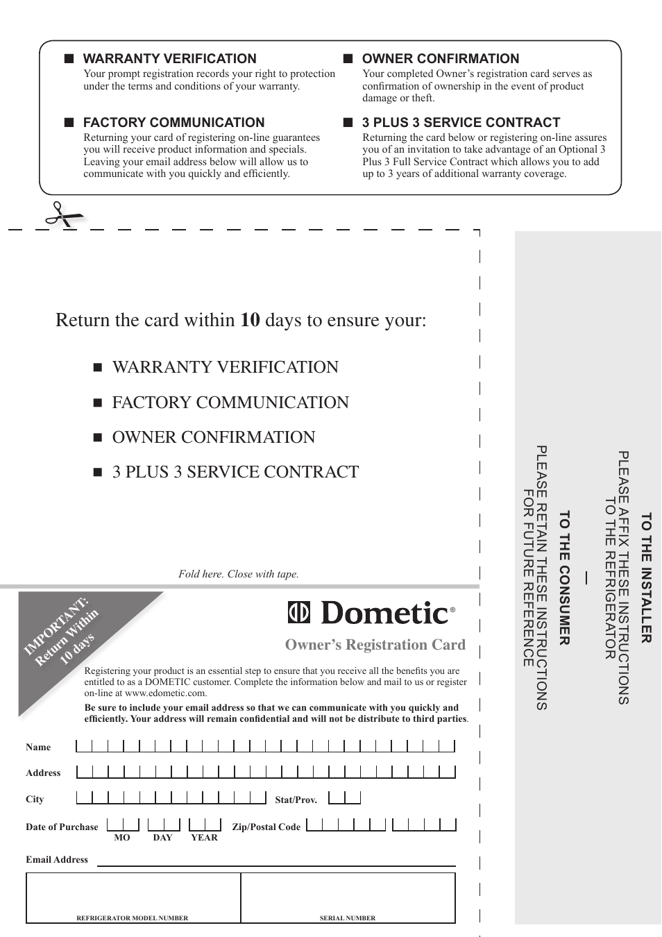 Return the card within 10 days to ensure your | Dometic RM2551 User Manual | Page 24 / 24