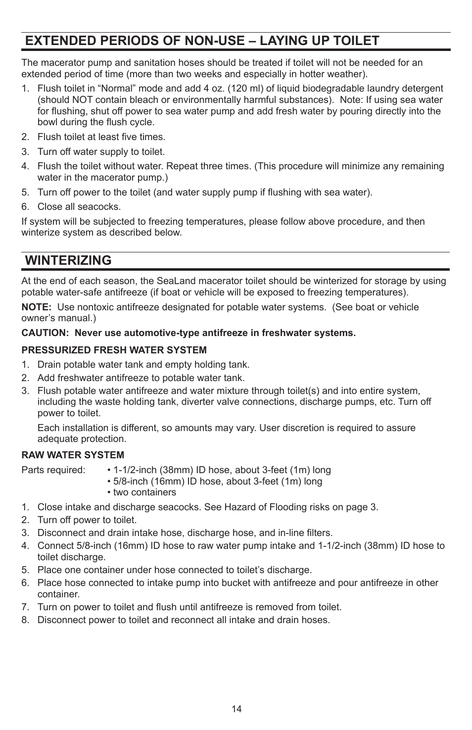 Winterizing, Extended periods of non-use – laying up toilet | Dometic SeaLand 8812 User Manual | Page 14 / 20