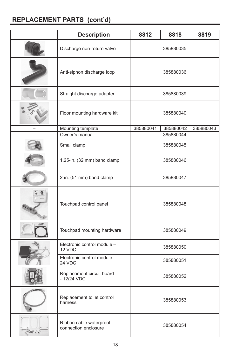 Replacement parts (cont’d) | Dometic SeaLand 8812 User Manual | Page 18 / 20