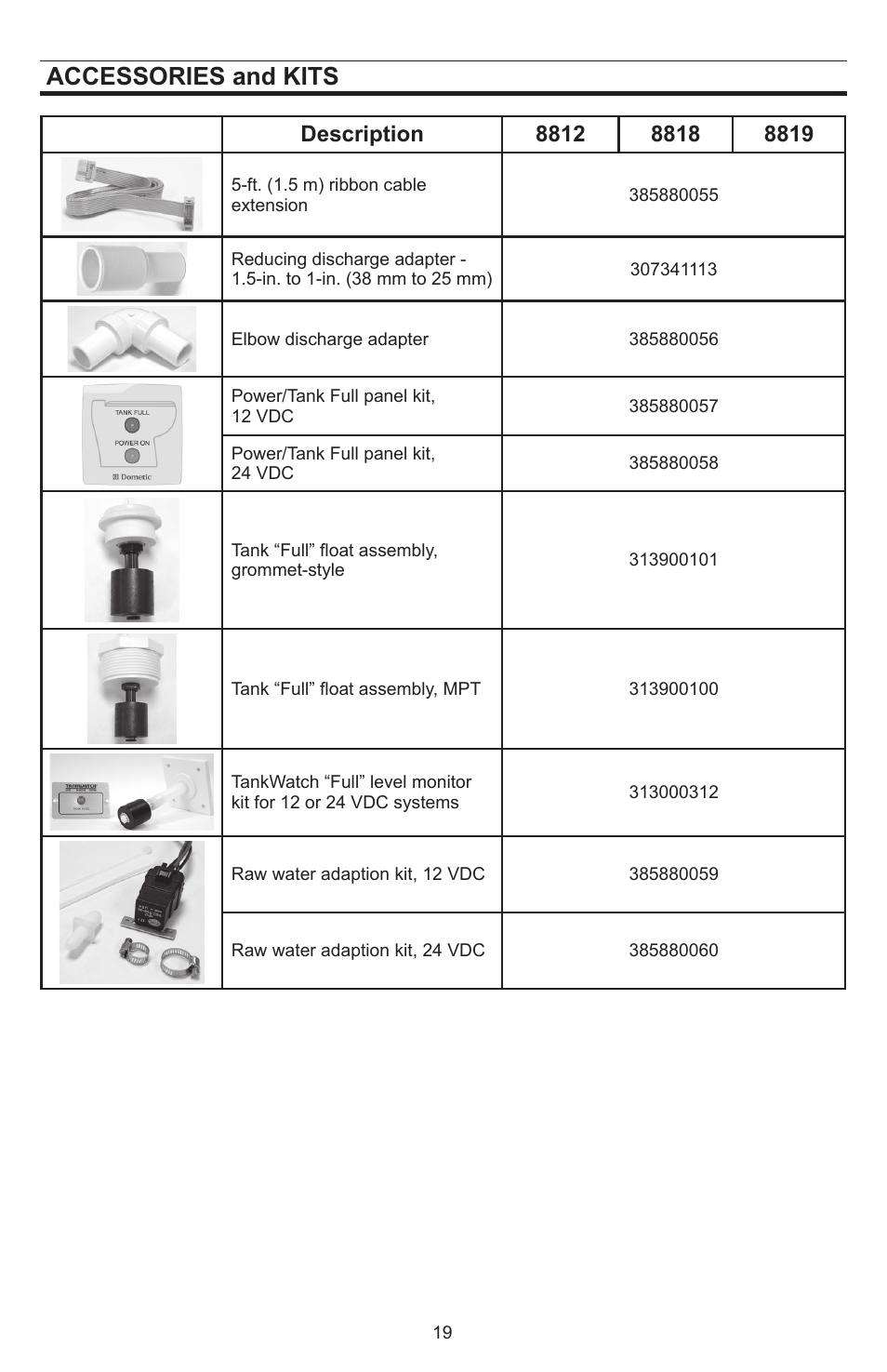 Accessories and kits | Dometic SeaLand 8812 User Manual | Page 19 / 20