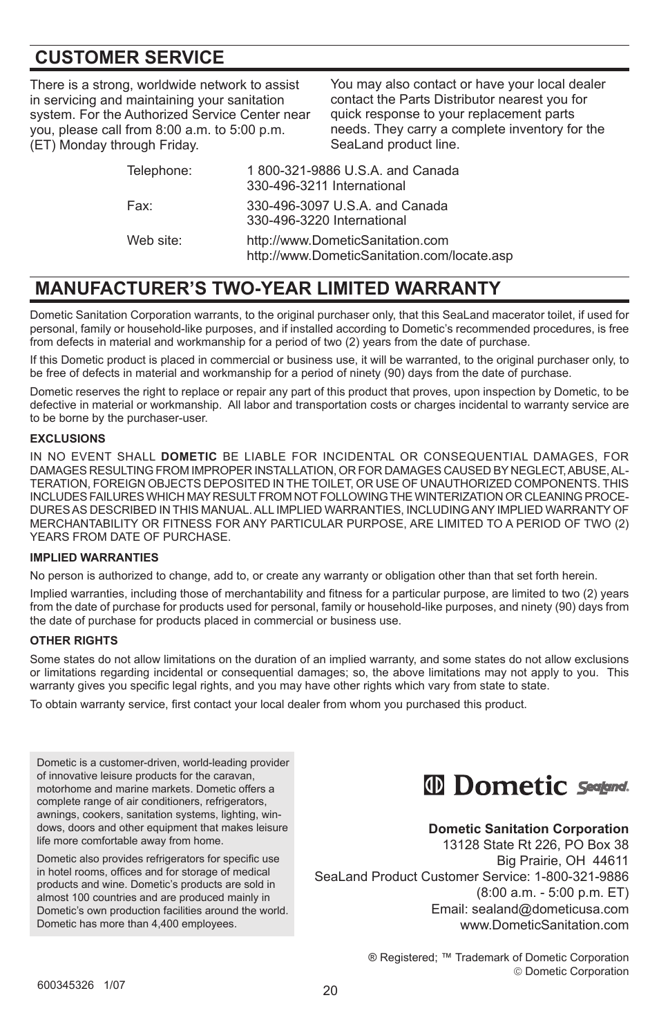 Dometic SeaLand 8812 User Manual | Page 20 / 20