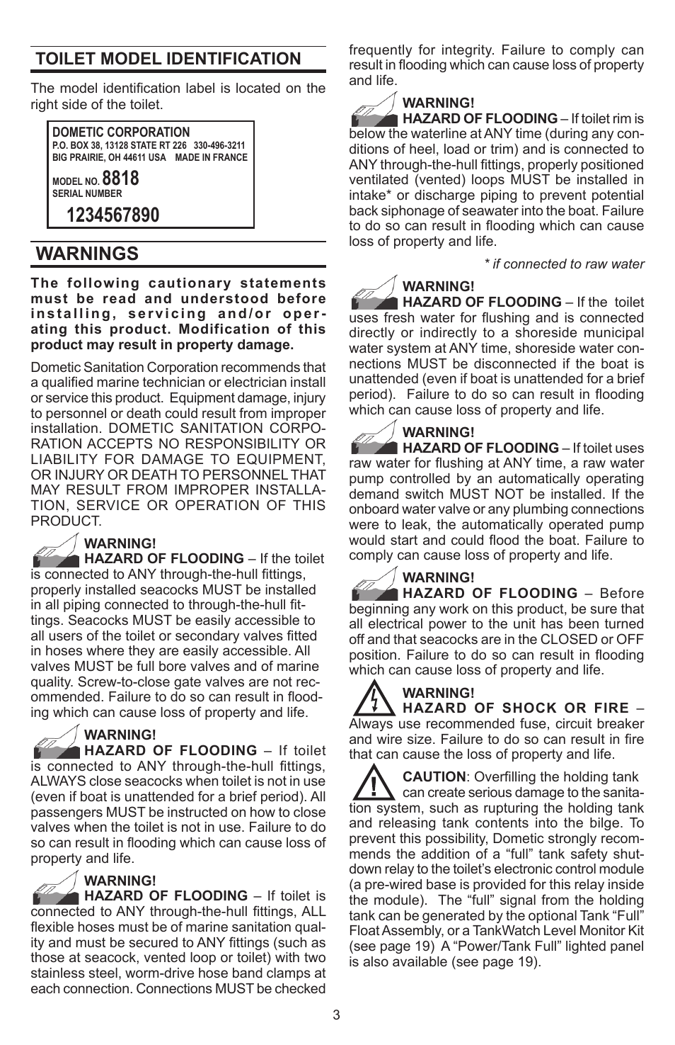 Warnings, Toilet model identification | Dometic SeaLand 8812 User Manual | Page 3 / 20