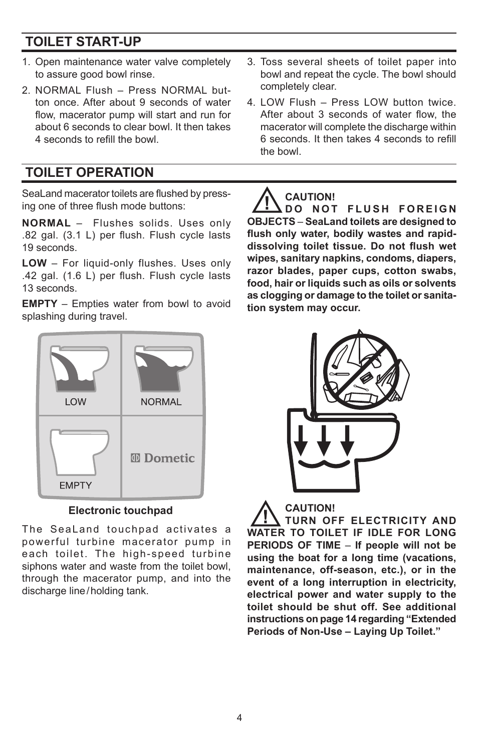 Toilet operation, Toilet start-up | Dometic SeaLand 8812 User Manual | Page 4 / 20