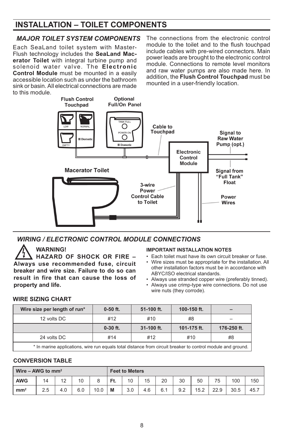 Installation – toilet components, Major toilet system components, Wiring / electronic control module connections | Dometic SeaLand 8812 User Manual | Page 8 / 20