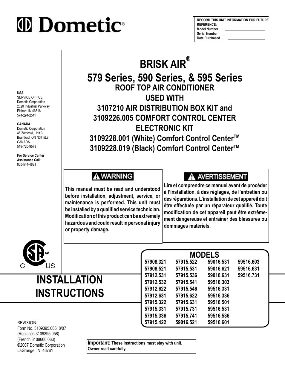 Dometic BRISK AIR 590 SERIES User Manual | 12 pages