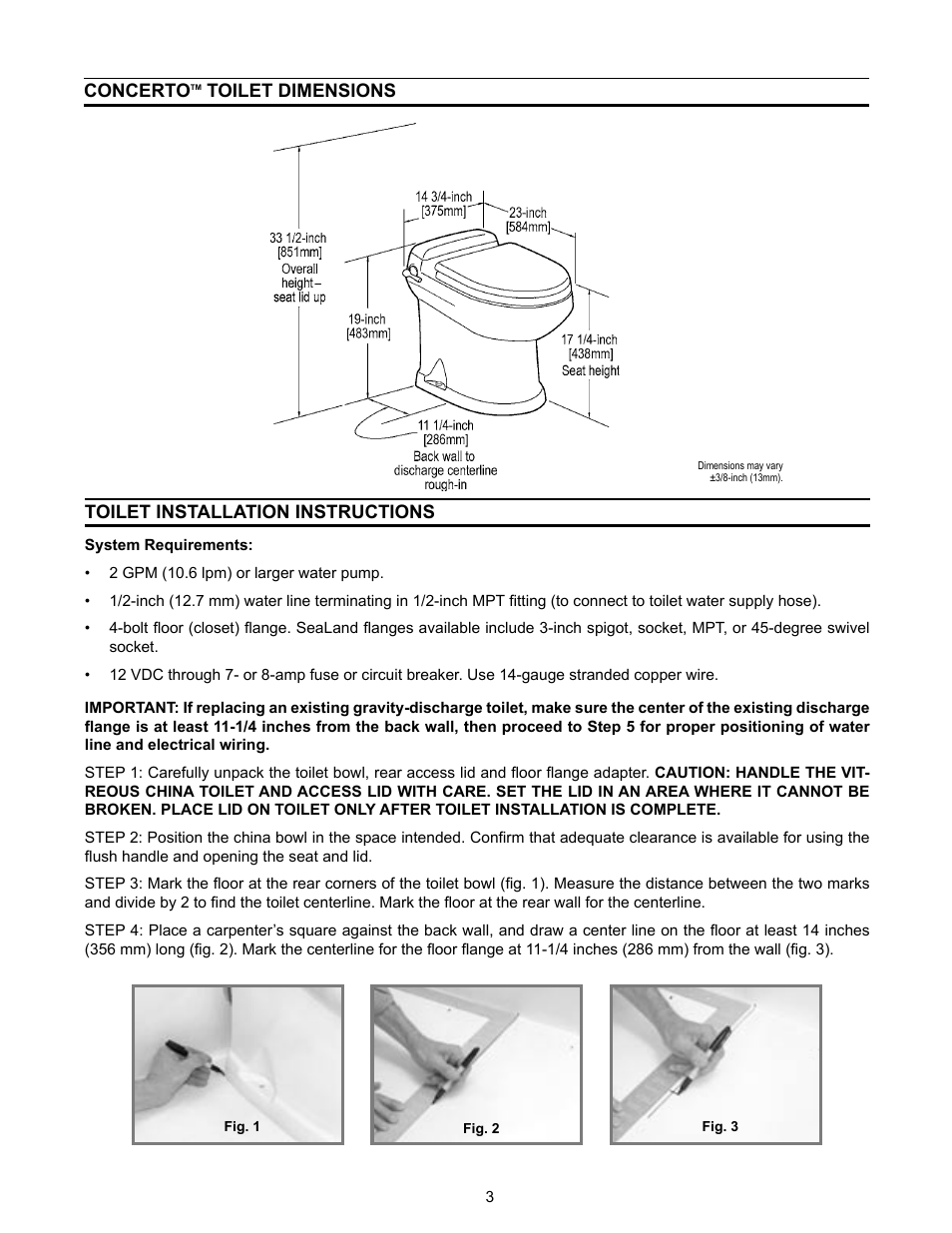 Dimensions, Toilet installation instructions, Concerto | Toilet dimensions | Dometic 3400 User Manual | Page 3 / 20