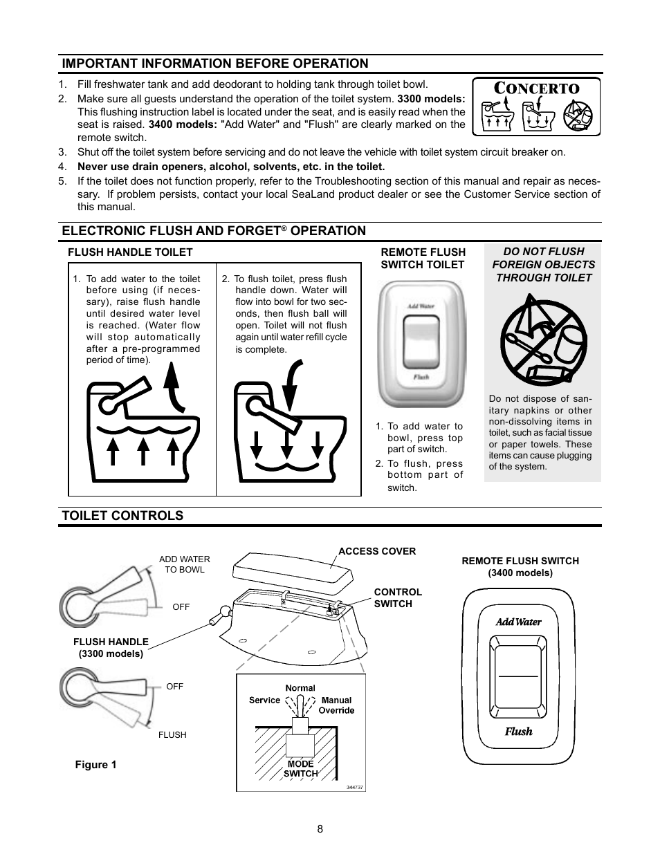 Important information before operation, Flush and forget operation, Toilet controls | Electronic flush and forget, Operation | Dometic 3400 User Manual | Page 8 / 20