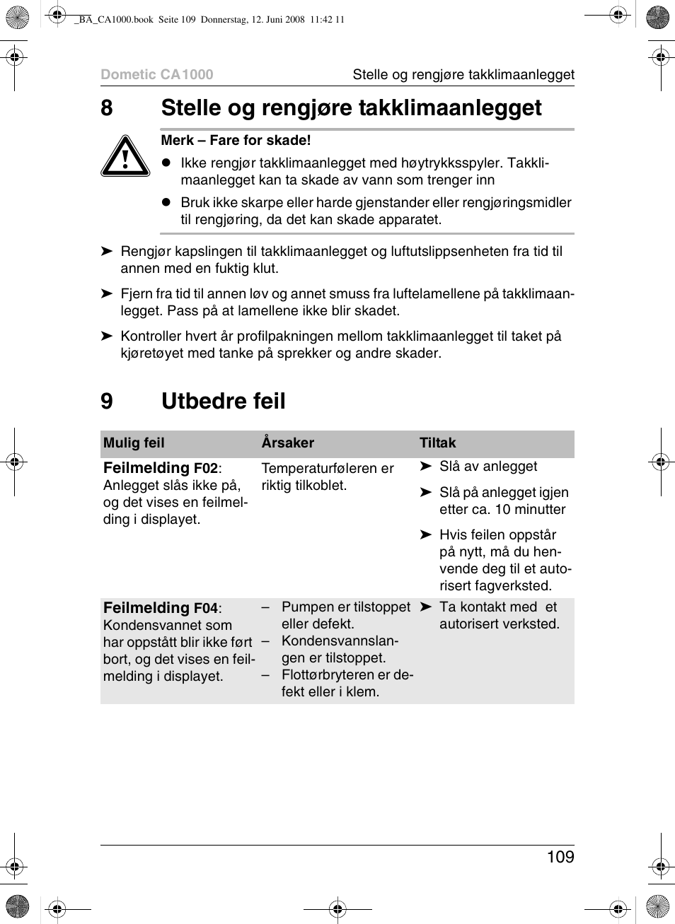 8stelle og rengjøre takklimaanlegget, 9utbedre feil | Dometic CA1000 User Manual | Page 109 / 124